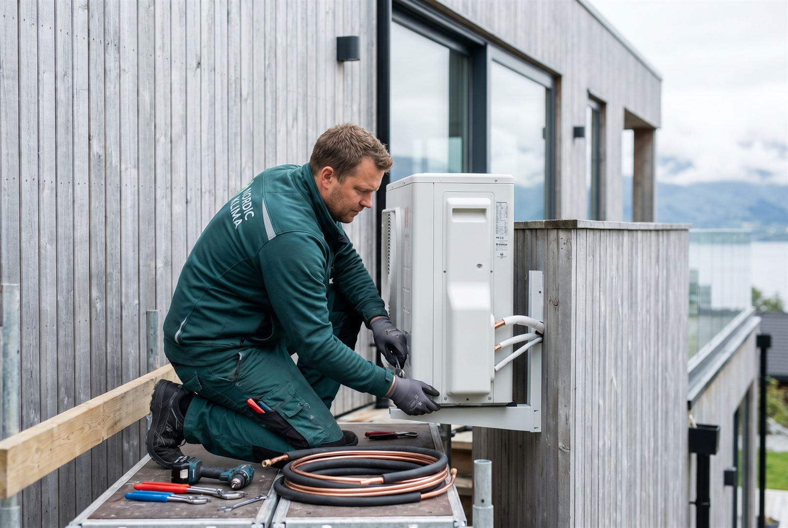 Montør installerer en varmepumpe på et nordisk trehus
